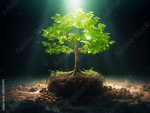 Young Tree in Soil Illuminated by Sunlight, Growth Concept, Nature Background, AI Generation
