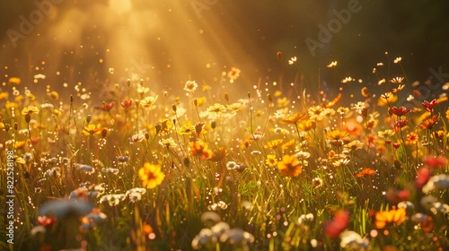 vibrant meadow of wildflowers basks in the golden sunlight