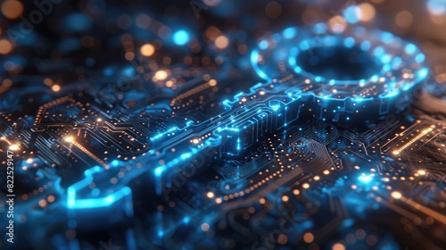 A digital encryption key with glowing blue circuits, on a solid cobalt blue background.