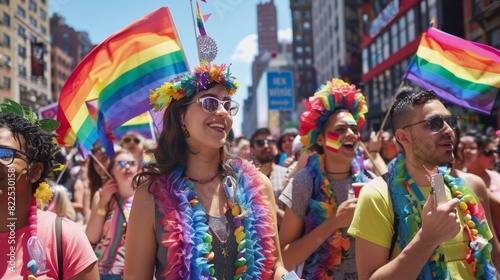 Group at pride parade, holding signs and wearing colorful attire --ar 16:9 Job ID: 2edd25d2-e03e-4b00-9f9f-3774e3c4e6c3