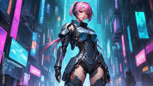 Beautiful cyberpunk anime girl character wearing tech armor