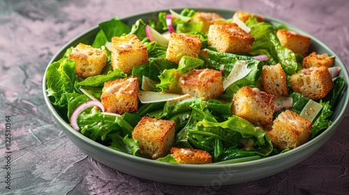 A fresh Caesar salad with crisp romaine lettuce, croutons, parmesan cheese, and Caesar dressing, on a solid lavender background.