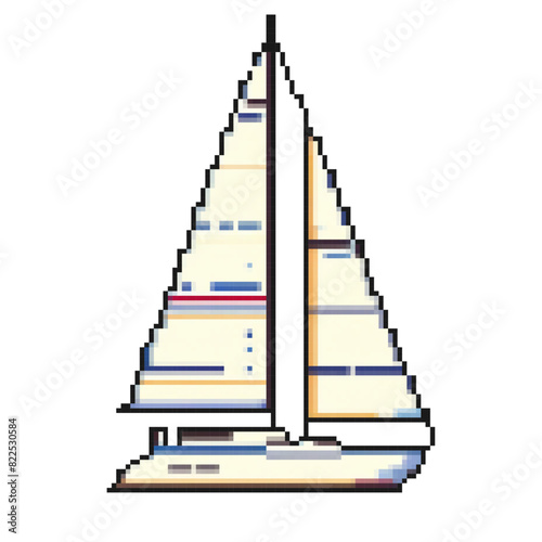 Summer vacation pixel icon yacht in retro pixel art style.  80s-90s, digital vintage game style by games, stickers, sticker, print, banner, poster