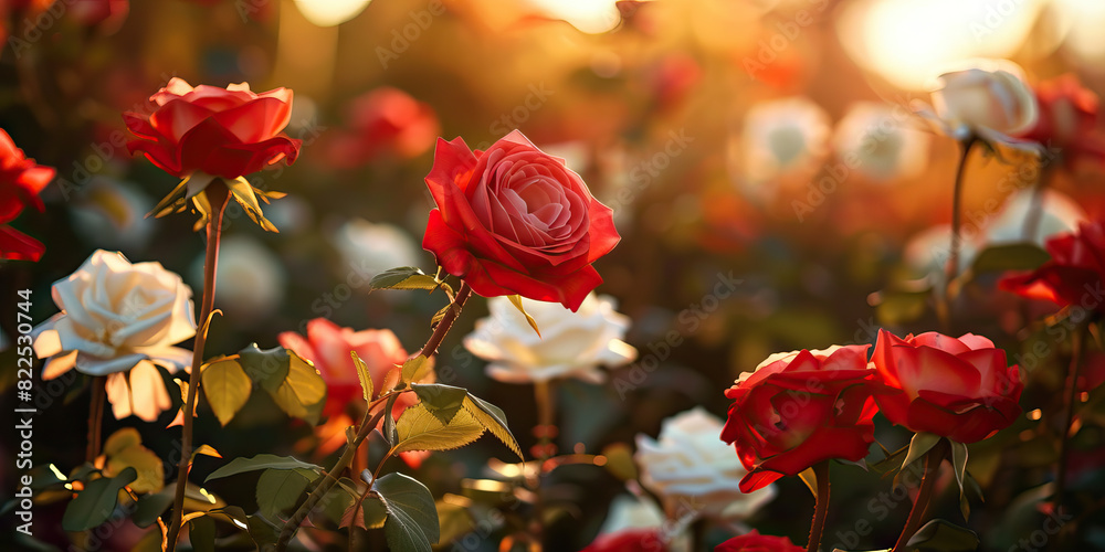 Obraz premium The vibrant red rose stems support delicate white blooms, reaching towards the warm sunlight.