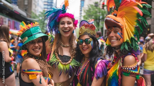 Group photo at pride parade, participants in creative costumes --ar 16:9 Job ID: f34fec77-7843-4d77-956f-d65025b78f4f