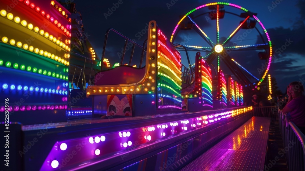 Pride carnival rides lit up with rainbow lights, night scene --ar 16:9 Job ID: 740d34a5-2c03-4aab-9374-4a3853e01a41