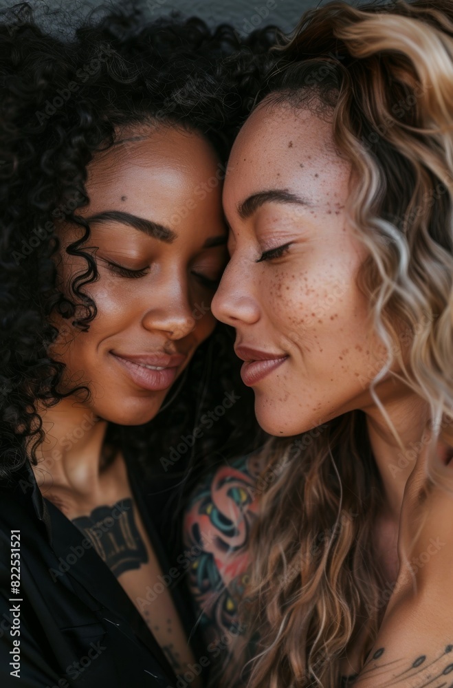 Intimate portrait of two loving women with different hairstyles and tattoos embracing Intimate portrait of two loving women with different hairstyles and tattoos embracing