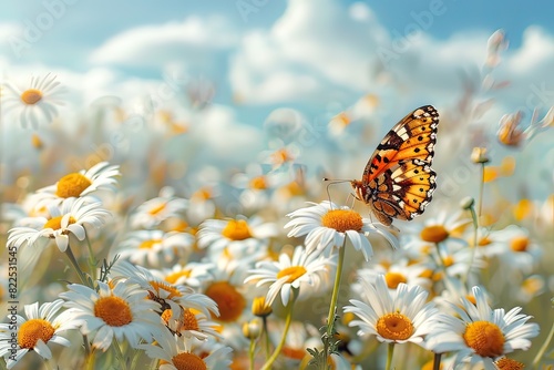 Beautiful spring landscape with daisies and a butterfly flying in the blue sky. A beautiful summer background