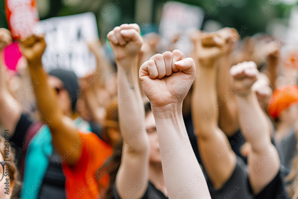 raised fists of protestors, symbolizing strength and resistance. The image is taken from a low angle, emphasizing the unity and resolve of the crowd. Behind the fists, blurred yet raised fists of protestors, symbolizing strength and resistance. The image is taken from a low angle, emphasizing the unity and resolve of the crowd. Behind the fists, blurred yet