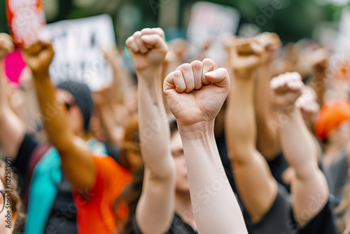 raised fists of protestors, symbolizing strength and resistance. The image is taken from a low angle, emphasizing the unity and resolve of the crowd. Behind the fists, blurred yet