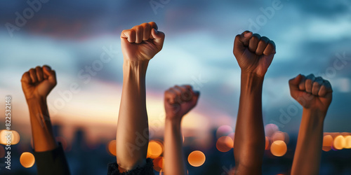 group of fists raised together against the backdrop of a dusky sky, transitioning from day to night. The background features a gentle blur with bokeh lights, adding a touch of eleg photo