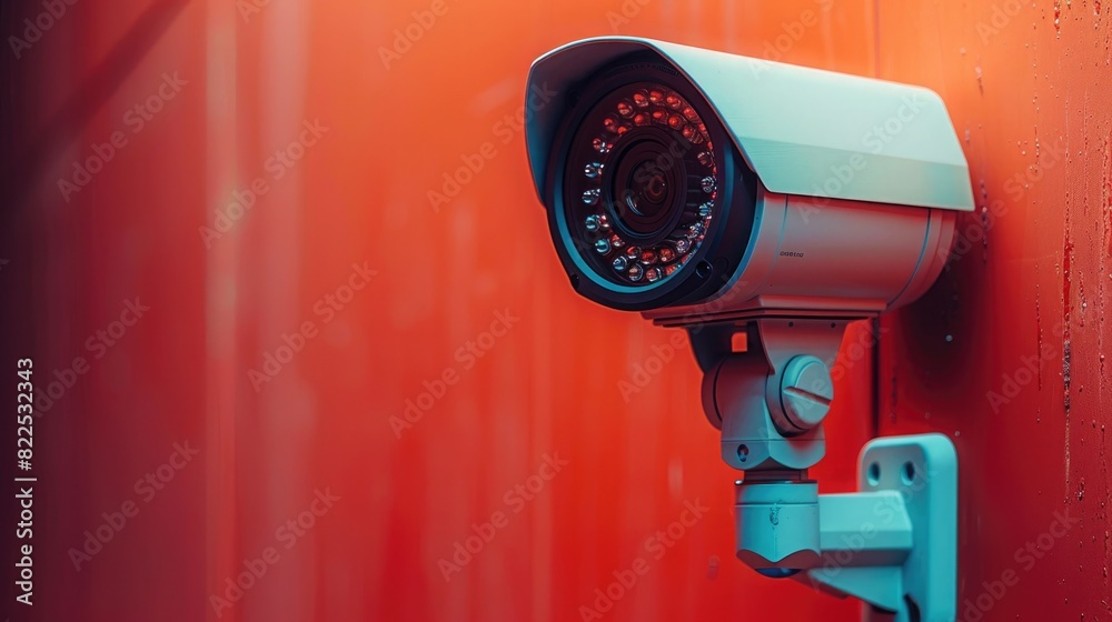 A high-tech security camera with infrared sensors, on a solid brown background. A high-tech security camera with infrared sensors, on a solid brown background.
