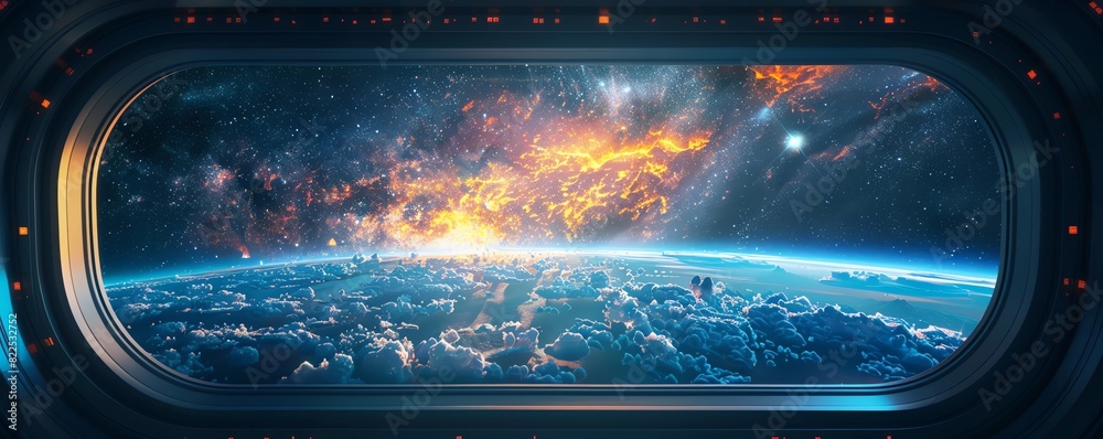View from a spaceship window of a distant galaxy View from a spaceship window of a distant galaxy