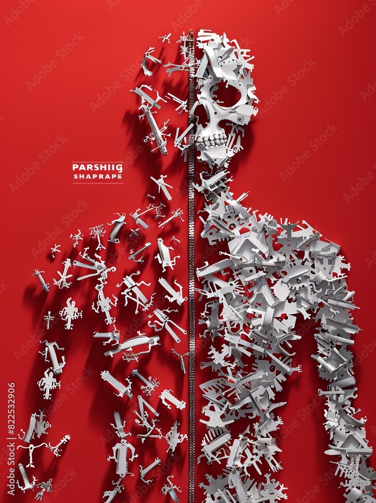 Abstract poster of human-shaped paper cutouts on red background with ...