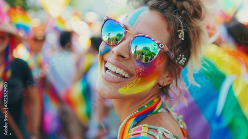 Pride festivity with colorful face paint and accessories, happy crowd --ar 16:9 Job ID: 59f89d21-bd43-458d-9541-41cc8113aced