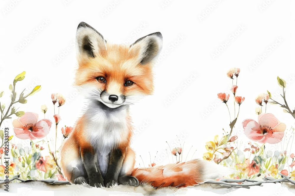 Fototapeta premium Woodland Animals & Plants Clipart Watercolor Set - Transparent PNGs - Nursery Clipart, Fox, Bear, Deer, Hedgehog. Beautiful simple AI generated image in 4K, unique.