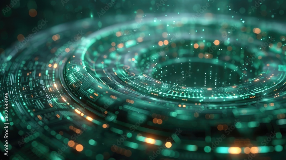 A holographic security interface with floating data streams, on a solid green background. A holographic security interface with floating data streams, on a solid green background.