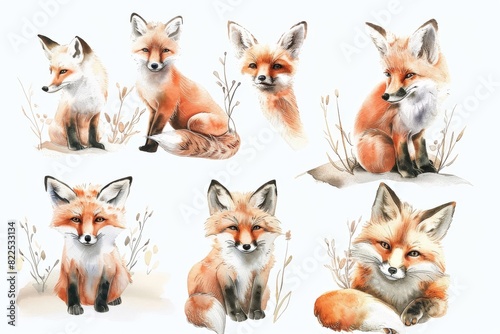 Woodland Animals & Plants Clipart Watercolor Set - Transparent PNGs - Nursery Clipart, Fox, Bear, Deer, Hedgehog. Beautiful simple AI generated image in 4K, unique.