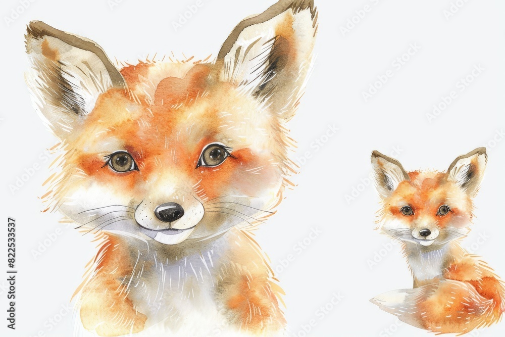 Obraz premium Woodland Animals & Plants Clipart Watercolor Set - Transparent PNGs - Nursery Clipart, Fox, Bear, Deer, Hedgehog. Beautiful simple AI generated image in 4K, unique.