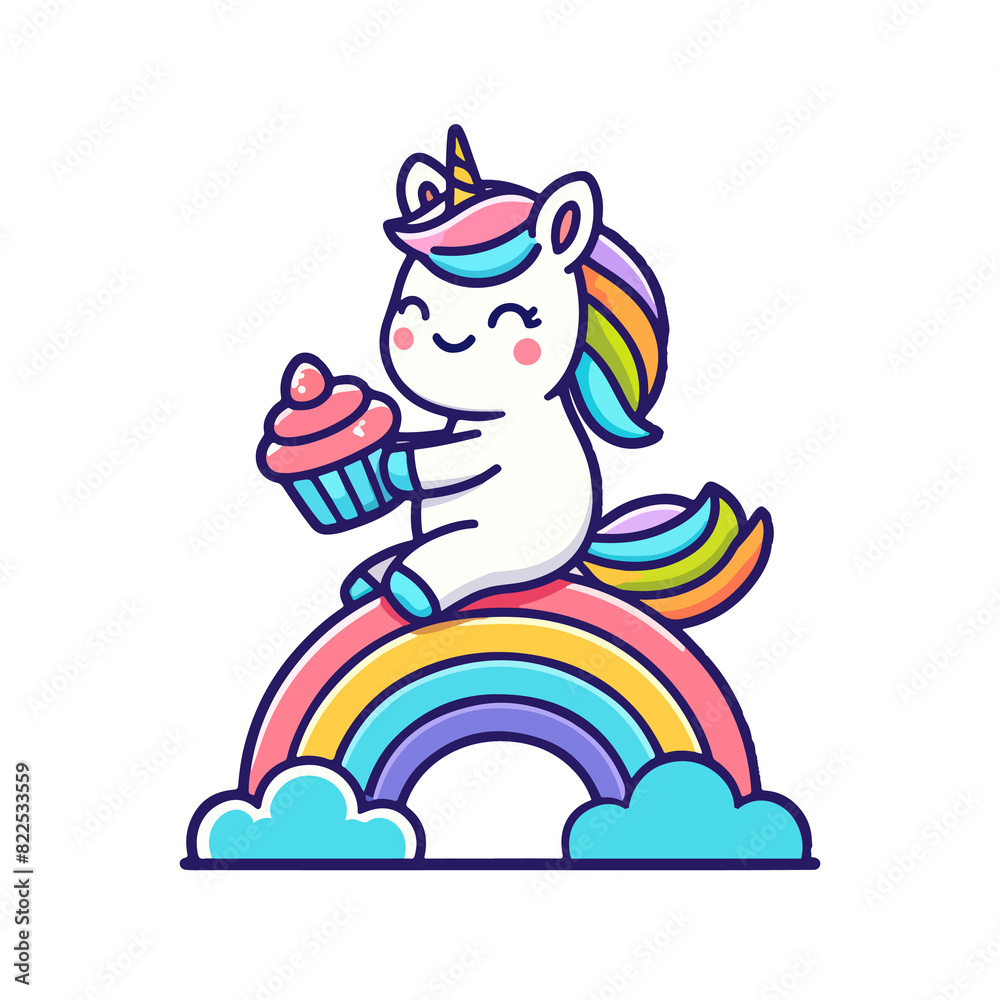 Naklejka premium cartoon cute unicorn sitting on a rainbow and eating cake icon character