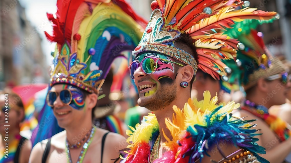 Pride parade participants in elaborate costumes, joyful celebration --ar 16:9 Job ID: 795e8ea3-22f9-4eb9-b331-34ec84a7cae4