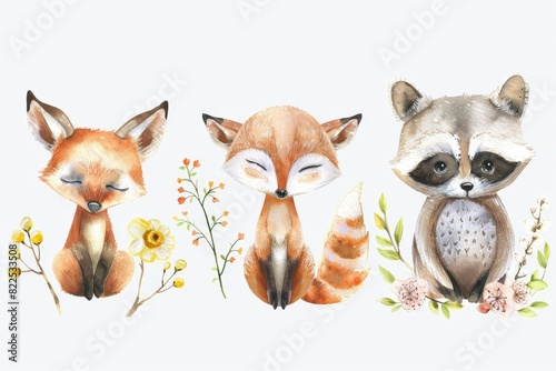 Woodland Animals & Plants Clipart Watercolor Set -  Transparent PNGs - Nursery Clipart, Fox, Bear, Deer, Hedgehog. Beautiful simple AI generated image in 4K, unique. photo