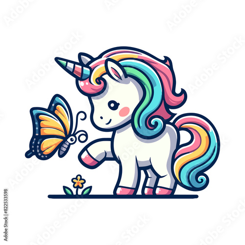 cartoon cute unicorn playing with butterfly icon character