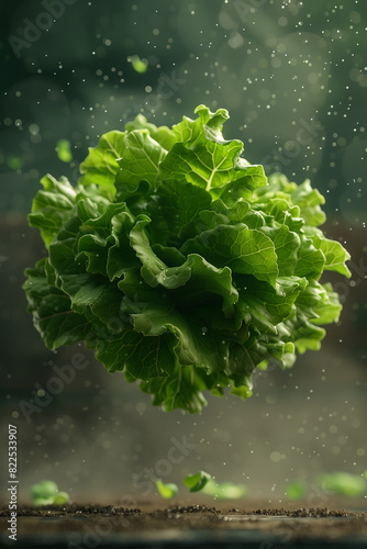 Lettuce head captured in a state of levitation with a deep brown background, highlighting natural vitality, AI Generated