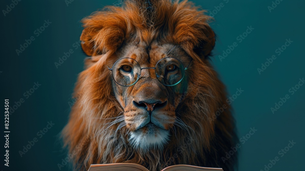 Fototapeta premium A lion wearing reading glasses, engrossed in a book, on a turquoise background.