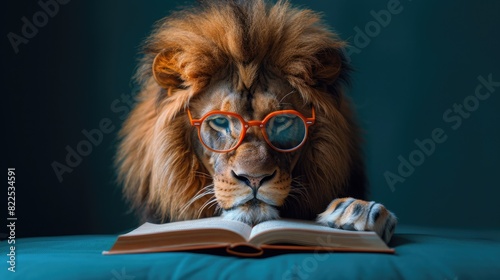 A lion wearing reading glasses, engrossed in a book, on a turquoise background. © Ummeya
