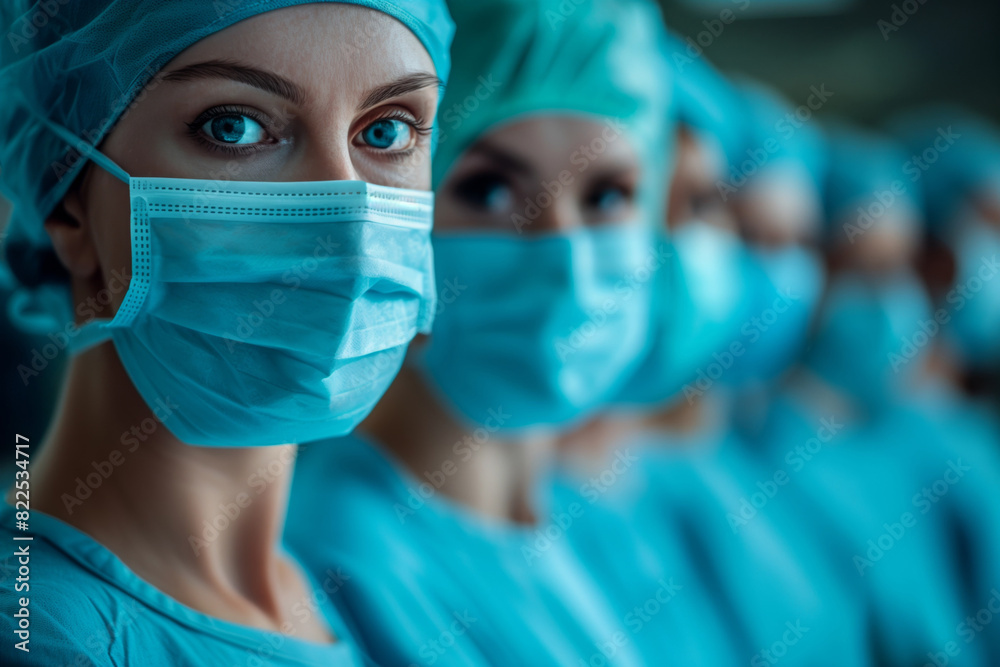 A line of medical professionals in scrubs ready for surgical operation, showcasing teamwork and expertise. AI Generated. A line of medical professionals in scrubs ready for surgical operation, showcasing teamwork and expertise. AI Generated.