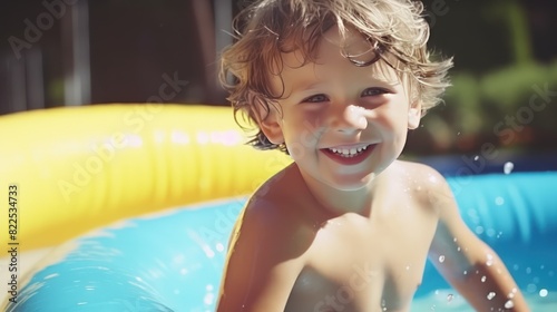 Portrait of a happy little boy in pool. The boy swims in the pool after going down the water slide in summer © Stavros