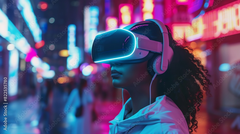 Woman using VR technology with neon lights in the background Woman using VR technology with neon lights in the background