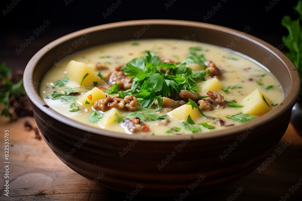 Bowl of rich potato soup garnished with fresh parsley and crispy bacon bits Bowl of rich potato soup garnished with fresh parsley and crispy bacon bits