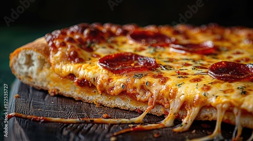 A mouth-watering slice of pepperoni pizza, with cheese stretching as it's pulled away, on a solid green background.