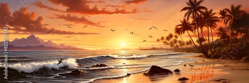 banner with a beautiful beach and sunset, illustration #822535742