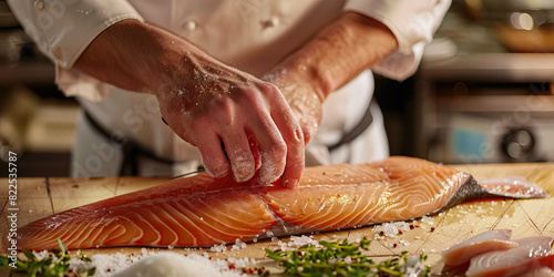 A chef expertly fillets a fresh fish the delicate flesh sliced on wood cutting board.