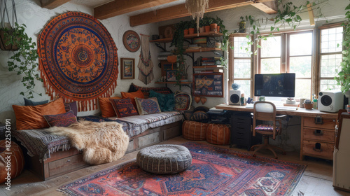 bohemian home workspace, bright tapestries and a soft rug in a boho home office create a cozy workspace with character, making it an inviting spot for work