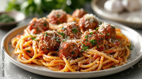 A plate of spaghetti and meatballs topped with grated parmesan cheese, on a solid white background.