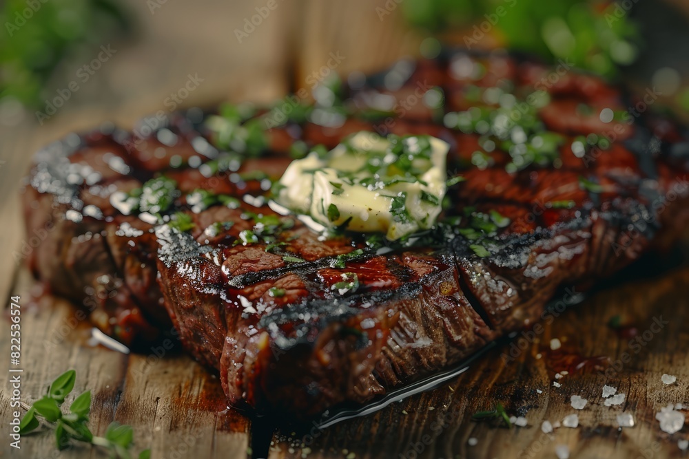 Juicy grilled steak with herb butter melting on top, close-up, char marks visible, rustic wooden background Juicy grilled steak with herb butter melting on top, close-up, char marks visible, rustic wooden background