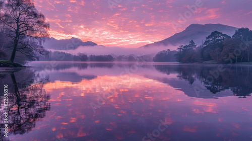 The setting sun casts a pink and purple glow on a lake  with a silhouette of a tree in the foreground.