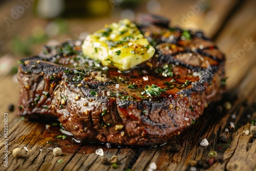 Juicy grilled steak with herb butter melting on top, close-up, char marks visible, rustic wooden background