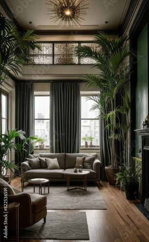 Stylish professional photograph of a dark green and brass luxury living room interior with velvet furniture and tropical plants © Rezhwan