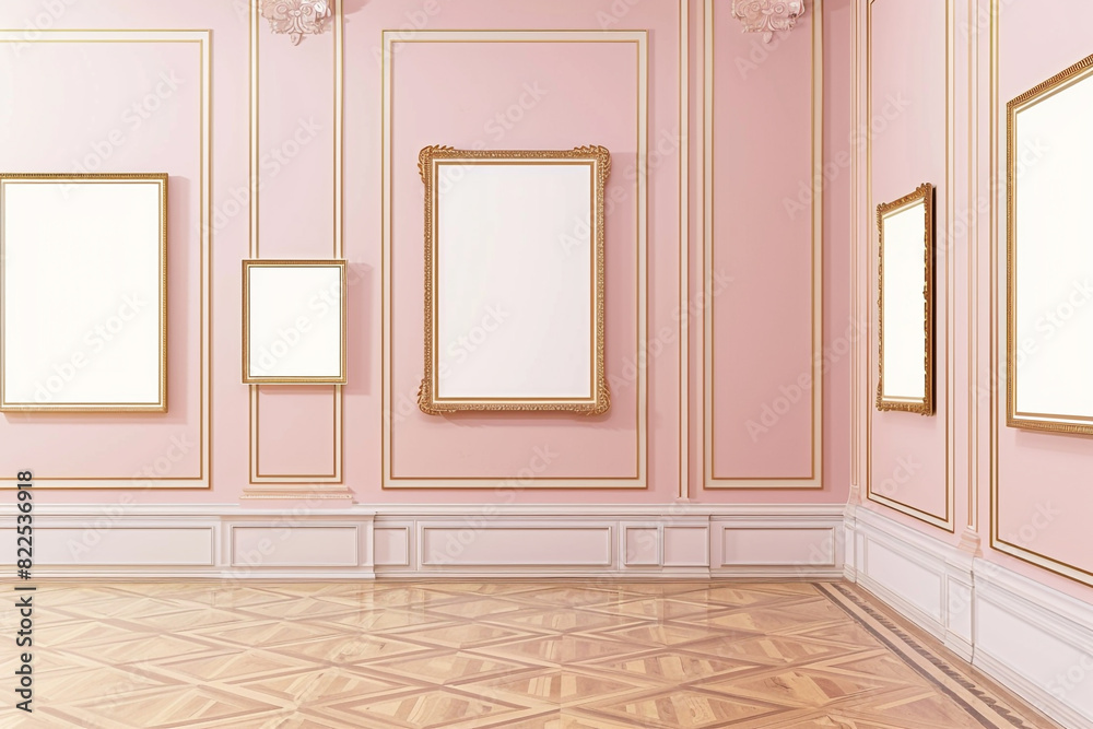 Ornamental blank frames in a romantic gallery on a blush pink wall. Ornamental blank frames in a romantic gallery on a blush pink wall.