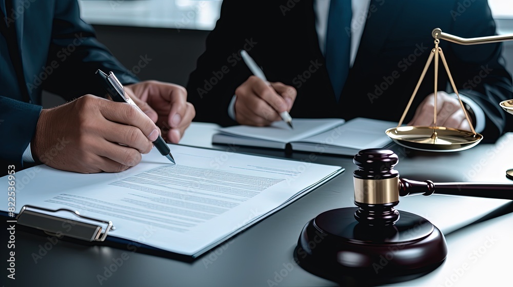 Cropped photo of a lawyer signing documents in court. Cropped photo of a lawyer signing documents in court.