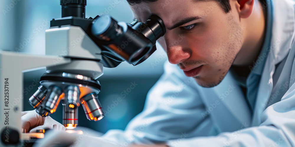 Fototapeta premium A scientist meticulously works at a microscope, their eyes filled with wonder as they explore the tiny worlds hidden within a drop of water