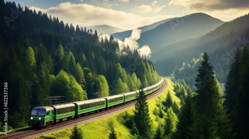 A locomotive pulls a passenger train along a winding road among the autumn forest and mountains. Suburban passenger train. photo