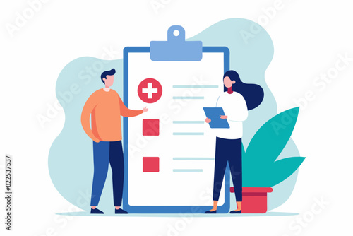 Two individuals standing next to a clipboard with a checklist on it  people write drug prescriptions from doctors  Simple and minimalist flat Illustration 