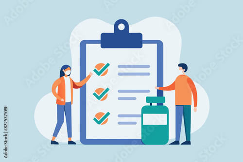 Two individuals standing next to a clipboard with a checklist on it, people write drug prescriptions from doctors, Simple and minimalist flat Illustration  © ArtfuIInfusion769