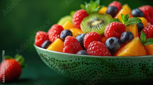 A refreshing fruit salad with a variety of colorful fruits arranged in a bowl  on a solid lime green background.